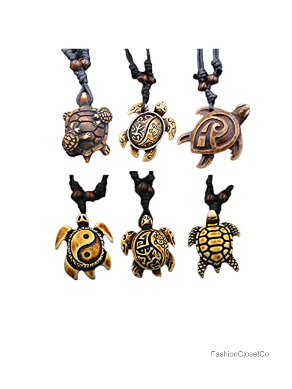Handmade Carved Sea Turtle Pendant Necklace Adjustable Rope Chain